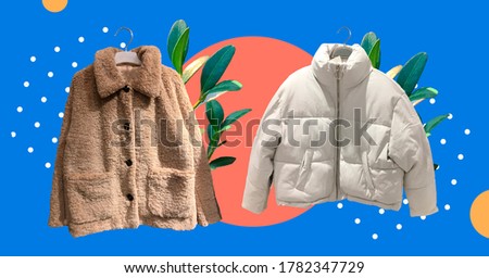 Women fashion down jackets and brown women Faux shearling coat with fresh plants isolated on abstract colorful background. Padded coat with zip fastener. Seasonal sale banner. Winter clothes 