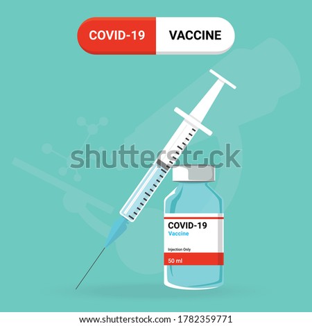 Research and development to create COVID-19 vaccine.  Design by blue vaccine bottle and injection syringe. Concept of Vaccines to provention or fight against Coronavirus. Vector illustration Royalty-Free Stock Photo #1782359771