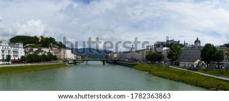 Panoramic view of Salzburg. Picture from the Salzach river, with views of the Hohensalzburg fortress and the historic center.