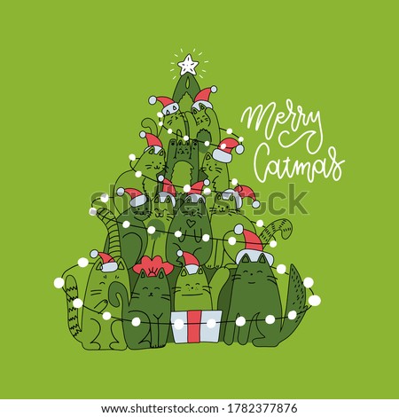 Cute christmas card with christmas tree made of cats. Green square greeting card with lettering linear greeting text Merry Christmas. Flat and line hand drawn vector illustration.