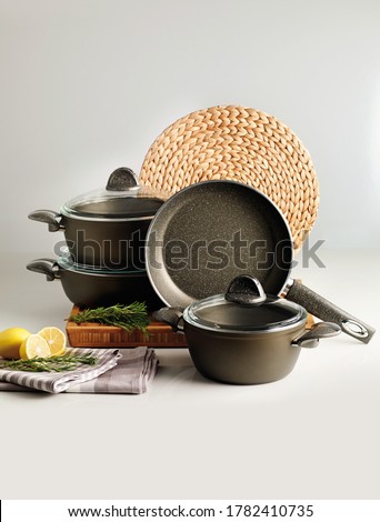 Cookware set with pots and pans. Royalty-Free Stock Photo #1782410735
