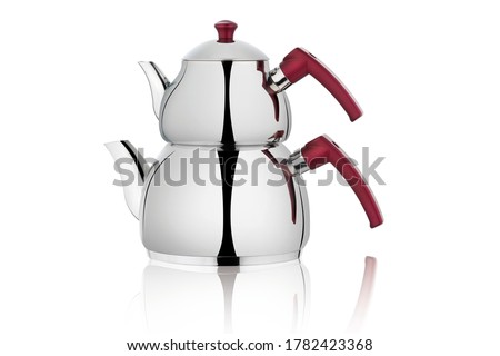 Isolated silver Turkish teapot. Tea kettle on the white background.