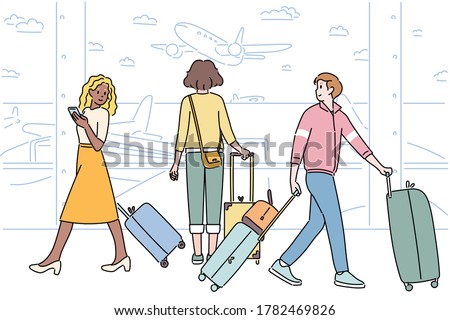 Two tourists dragging their luggage in the air, looking around each other, making eye contact. Some travelers enjoy the scenery outside the airport. hand drawn style vector design illustrations. 