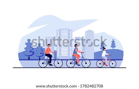 Happy family riding bikes in city park illustration