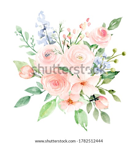 Pink flowers watercolor, floral clip art. Bouquet blush roses perfectly for printing design on invitations, cards, wall art and other. Isolated on white background. Hand painting. 