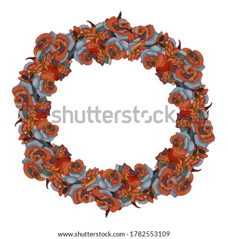 Vector wreath on a white background. Design for wedding, birthday, valentines day and other romantic design. Red and blue roses.