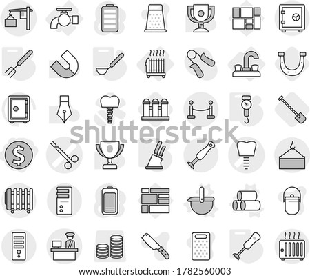 Editable thin line isolated vector icon set - dollar coin, tooth implant vector, surgical clamp, loading, crane, customs control, vip fence, safe, water tap, radiator, ladle, pipes, handle scales