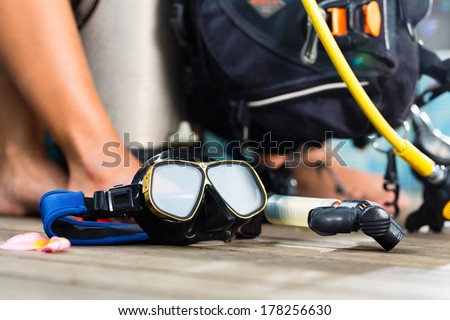 Equipment for divers, oxygen bottle Royalty-Free Stock Photo #178256630
