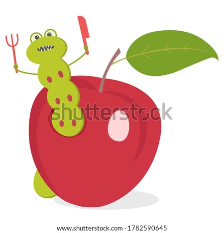 A cartoon worm eats an Apple. Vector illustration on a white background. A green worm with a fork and spoon sits in an Apple