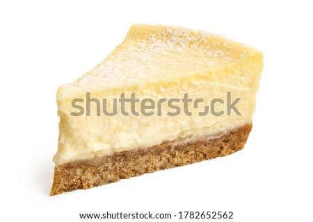 Slice of New York style cheesecake isolated on white. Royalty-Free Stock Photo #1782652562