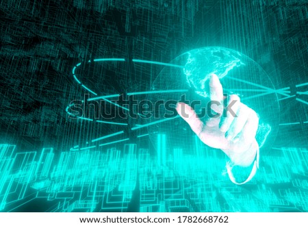 businessman hand point to touch the technology holographic with the 3D rendering of the earth screen background, Element of this image furnished by Nasa