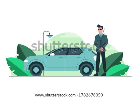 Danger, business, safety, work concept. Young serious focused man guy bodyguard standing standing near car and listening message with security earpiece. Protection celebrities politicians occupation. Royalty-Free Stock Photo #1782678350