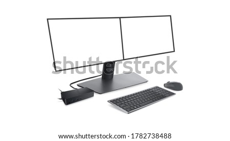 Two screen computer monitor setup on a white background. Curved screen computer monitor with free space. New generation desktop setup 