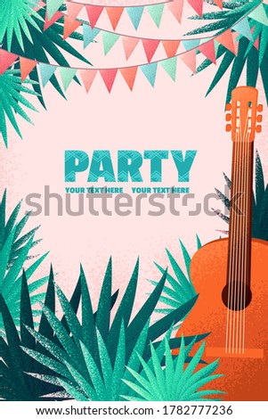 Guitar, palm leaves, party flags vertical template. Retro vector illustration. Design for invitation, poster, card, flyer, banner. Place for your text
