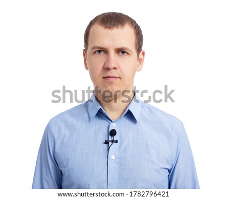 reporter or newscaster with small lavalier microphone on his shirt isolated on white background