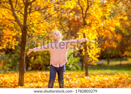 Little girl in the autumn in the forest plays with fallen foliage in the fresh air