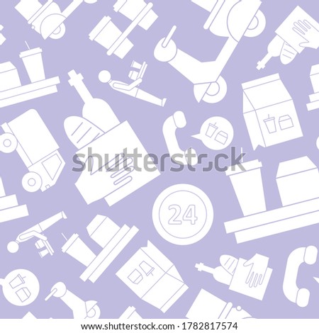 Food delivery - Vector background (seamless pattern) of silhouettes courier, truck, pizza, transportation, cart, scooter and other for graphic design