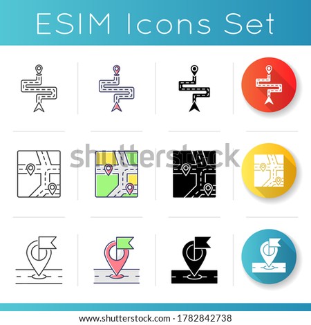 Navigation icons set. Land, nautical and aeronautical navigation system. Linear, black and RGB color styles. Route tracking, GPS map and destination marker. Isolated vector illustrations