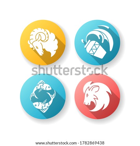 Horoscope signs flat design long shadow glyph icons set. Ram, water bearer, lion and fish zodiac. Astrological prediction, esoteric fortune telling. Silhouette RGB color illustration