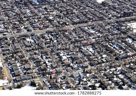 Aerial view of a residential area of Montreal in winter