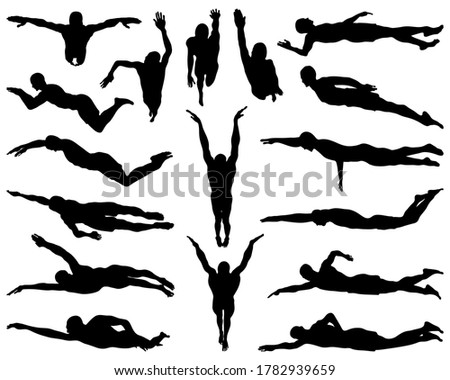 Black silhouettes of swimmers on a white background