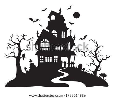 Illustration of silhouette a scary house. Mystical house with monsters and ghost for Halloween. Spooky house. Vector illustration for the store. Tattoo. Royalty-Free Stock Photo #1783014986