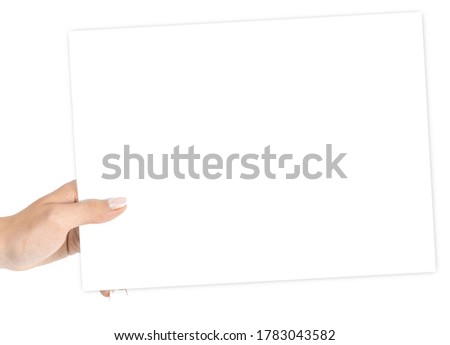 Business card template. Hand holding blank business paper card isolated on white background. Layout and mockup for design, place for text, copy space.