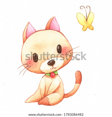 A cute little cat with butterfly watercolor painting isolated on white background. Cartoon character, Cute decorative illustration, Cute Stickers and pattern.
