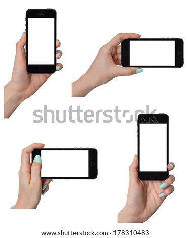 Isolated female hands holding the smart phone similar to iphon in different ways
