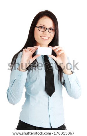Young business woman with business card, isoalted on white