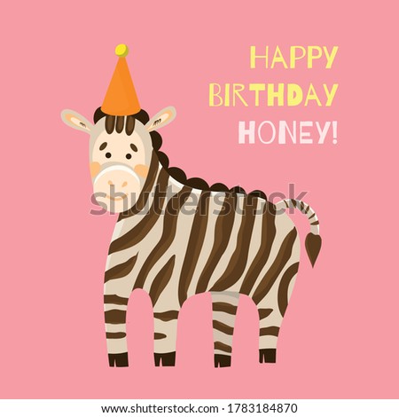 Kind striped zebra on a pink background. Greeting card and invitation to a child's birthday party. Toddler design, safari horse print on t-shirt, tableware, poster. Flat style animal.