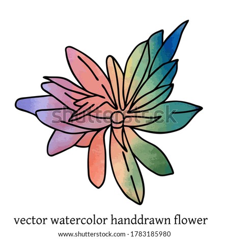 Vector illustration of fairy flower with black contour and rainbow watercolor filling isolated on the white background. Symbol of nature, freedom for your design