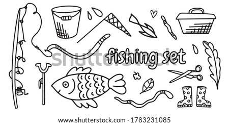 Vector set of doodle illustrations fishing set. Fishing rods, hooks, worms, bucket, fish. Cartoon line style black and white. Doodle illustrations isolated for fishing shop design