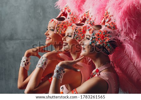 Three Women profile portrait in samba or lambada costume with pink feathers plumage. Royalty-Free Stock Photo #1783261565