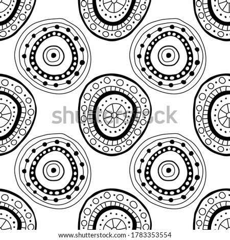 Black and white seamless pattern of decorative circles. Abstract, fantasy items for coloring book