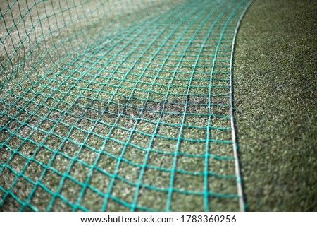 Net for the ball. Fencing in the stadium. Spectator safety at a sporting event. The lawn on the field.