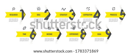 Vector Infographic design template with icons and 9 options or steps. Can be used for process diagram, presentations, workflow layout, banner, flow chart, info graph. Royalty-Free Stock Photo #1783371869