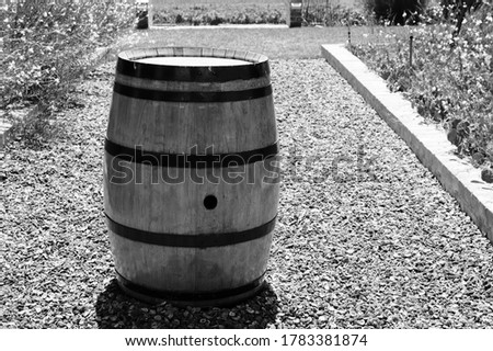 Wooden wine barrel at a winery in Stellenbosch, South Africa. 