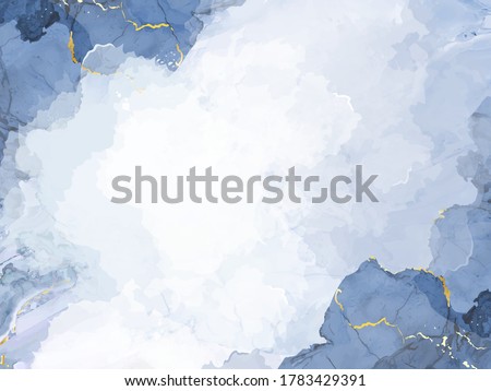 Classic blue watercolor fluid painting vector design card. Dusty grey and golden geode frame. Winter wedding invitation. Snow,ice or veil texture. Dye splash style. Alcohol ink. Isolated and editable Royalty-Free Stock Photo #1783429391