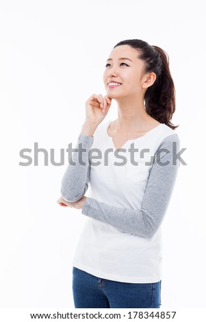 Thinking young Asian woman isolated on white background