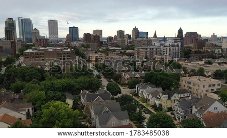Aerial view of the Milwaukee skyline from the north side of the city. Cloudy morning, summertime. 