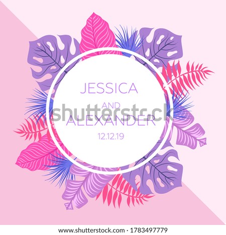 Exotic tropical jungle floral frame with palm tree, monstera leaves and place for text. Wedding marriage event invitation card template. Vector illustration.