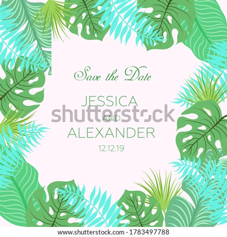 Exotic tropical jungle floral frame with palm tree, monstera leaves and place for text. Wedding marriage event invitation card template. Vector illustration.