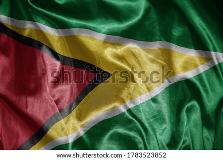 waving colorful shining big national flag of guyana on a silky texture
