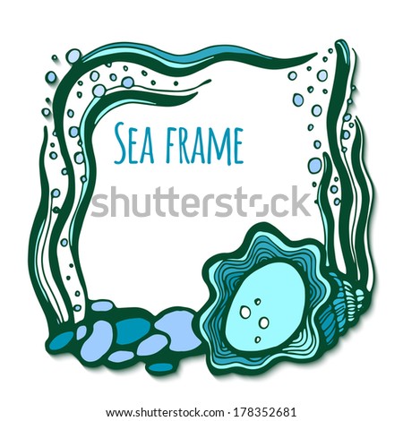 Vector illustration doodle. square frame with sea shells and algae