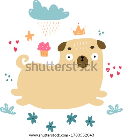 Cute Pugs. Dogs. Hand drawing isolated objects on white background. Vector illustration.