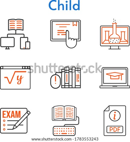 child icon set. included chemistry, exam, books, student, laptop, pdf, school, homework, maths, touchscreen icons. bicolor styles.