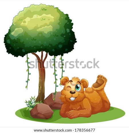 Illustration of a smiling brown bear lying near the tree on a white background