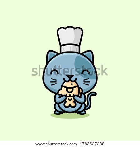 CUTE GRAY CAT WEARING CHEF HAT AND EATING TAIYAKI ILLUSTRATION
