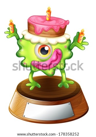Illustration of a monster above the trophy stand with an empty label on a white background